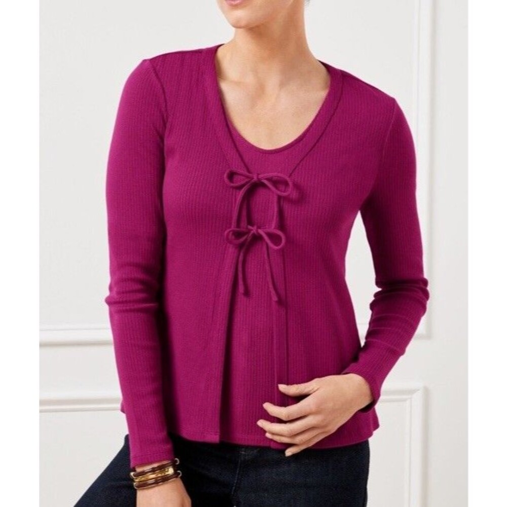 Talbots Ribbed Tie Cardigan Large Berry Pink Long Sleeve Cotton Modal Casual